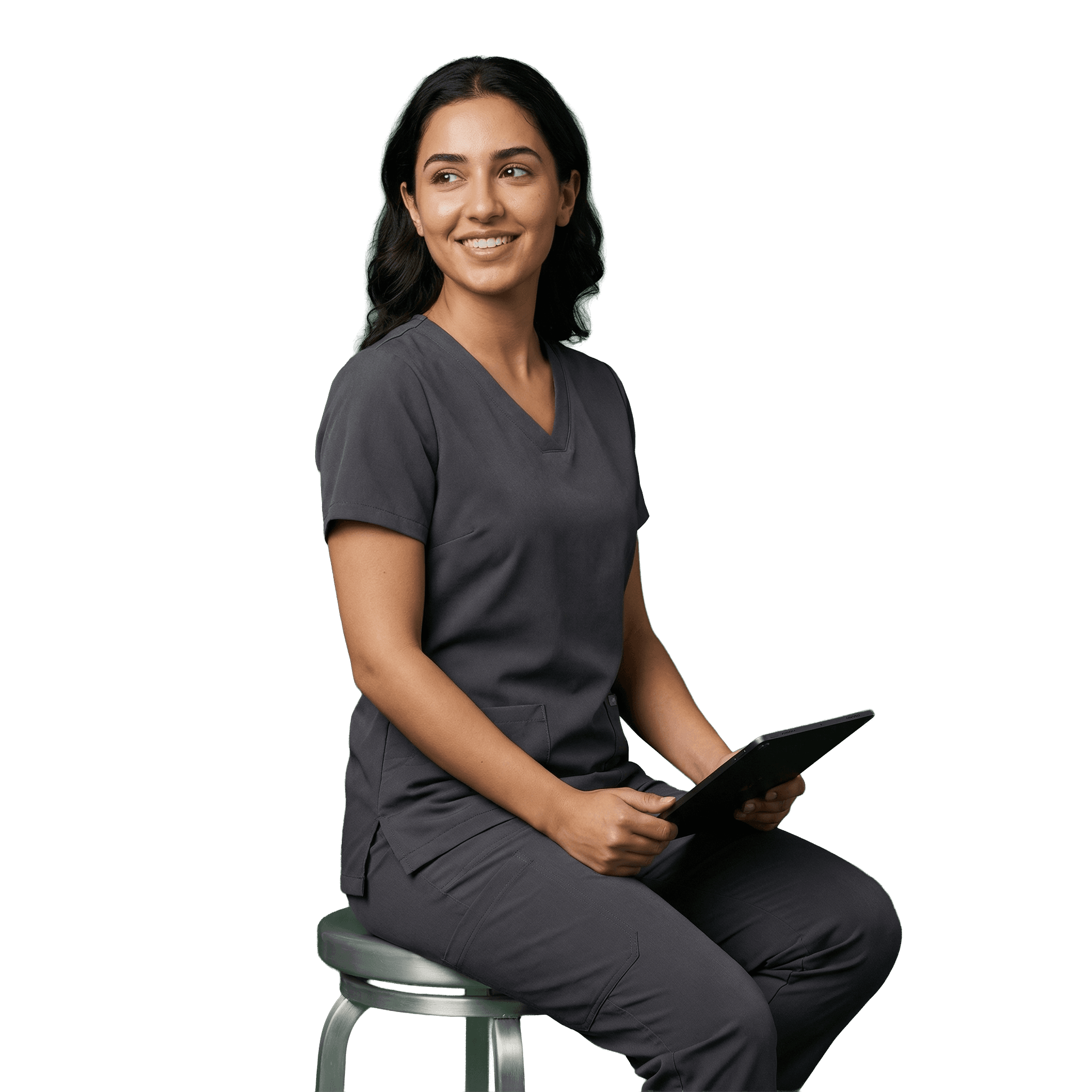 Dental professional smiling in a clinical setting